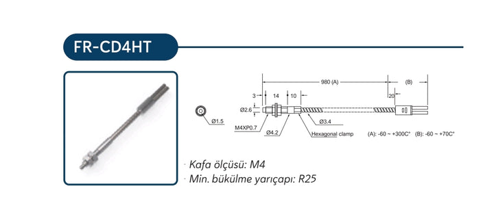 M4 Cisimden Yansımalı Yüksek Sıcaklığa Dayanımlı Fiber Optik Sensör Kablo 1m Raxoll FR-CD4HT