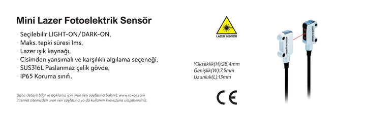 Mini Lazer Fotoelektrik Sensör Npn Karşılıklı Raxoll PR-TM200N