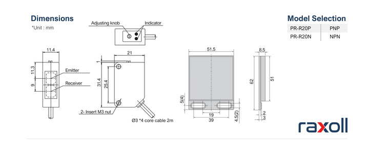 Minyatür Transparan Reflektörlü Npn Fotoelektrik Sensör Raxoll PR-R20N