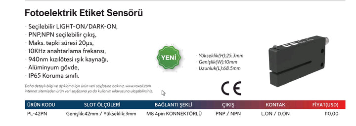 Fotoelektrik Çatal Etiket Sensörü Pnp/Npn Raxoll PL-42PN