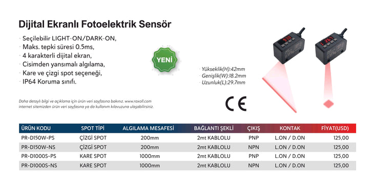 Dijital Ekranlı Kare Işık Spot Cisimden Yansımalı 1000mm Algılama PNP Raxoll PR-D1000S-PS