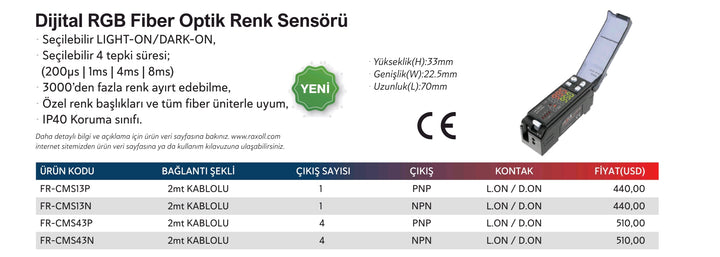 Dijital RGB Fiber Optik Renk Sensörü Amfisi NPN 4 ÇIKIŞ 2m Kablolu Raxoll  FR-CMS43N