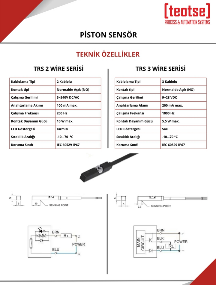 Teotse TZT3C/4AM8.3 Piston Üstü Sensör T Slot PNP M8 Soketli
