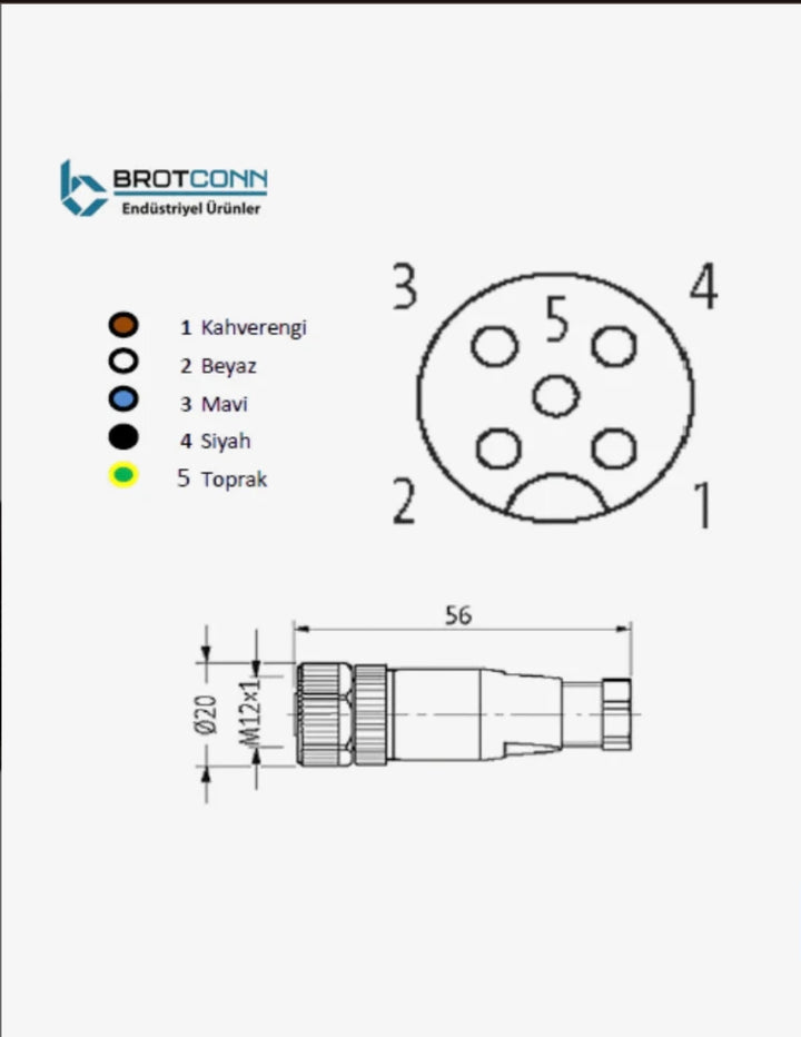 Brotconn M1205FS M12 5 Pin Dişi Düz A Kod Konnektör Vida Bağlantılı PG7
