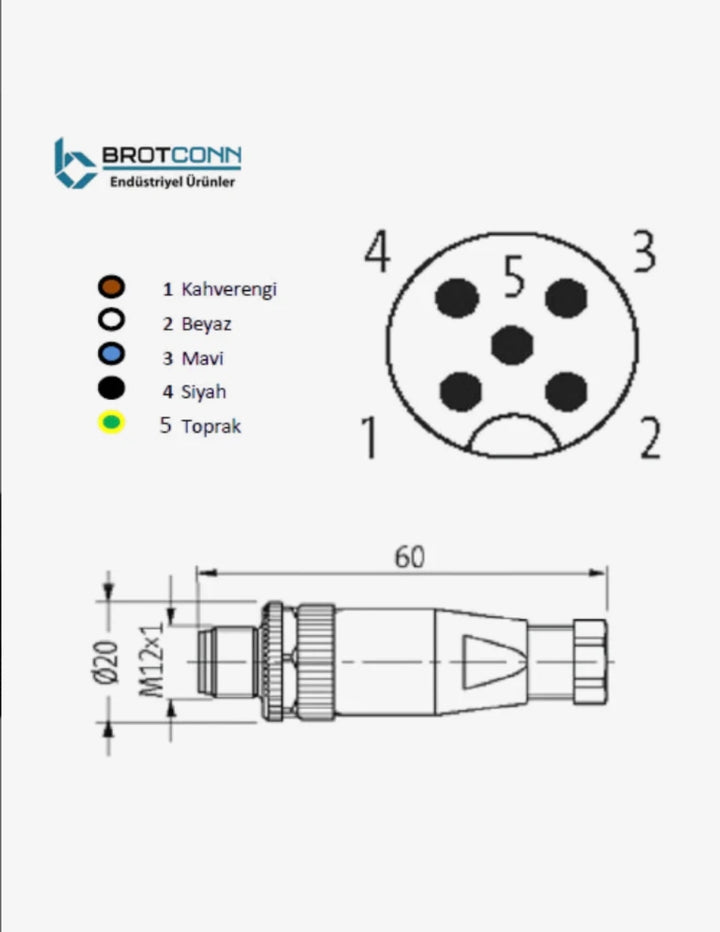 Brotconn M1205MS M12 5 Pin Erkek Düz A Kod Konnektör Vida Bağlantılı PG7