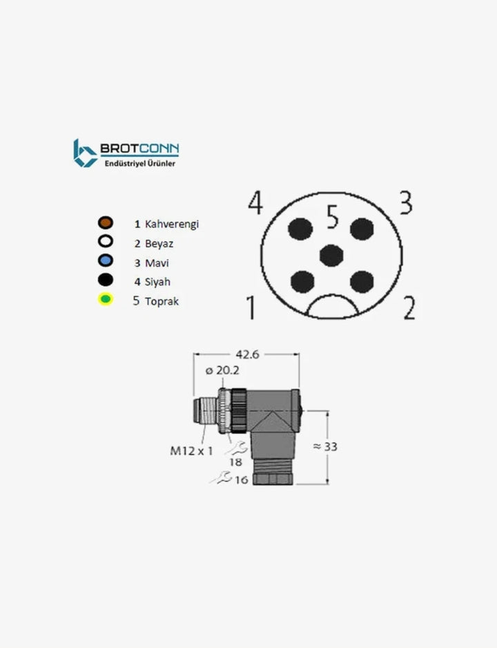 Brotconn M1205MA M12 5 Pin Erkek Açılı A Kod Konnektör Vida Bağlantılı PG7