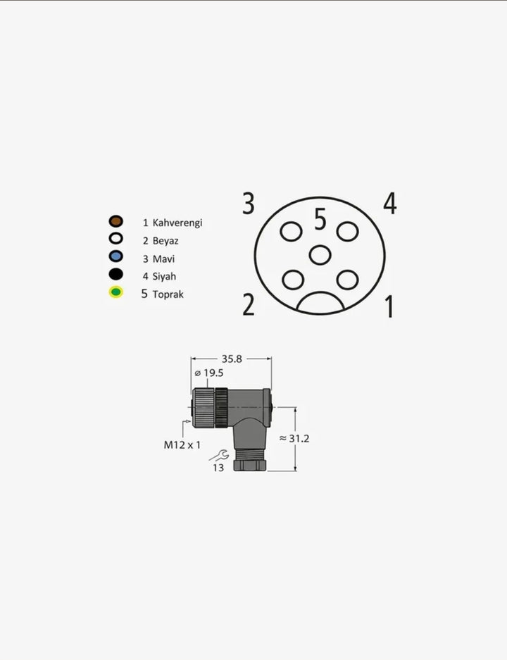 Brotconn M1205FA M12 5 Pin Dişi Açılı A Kod Konnektör Vida Bağlantılı PG7